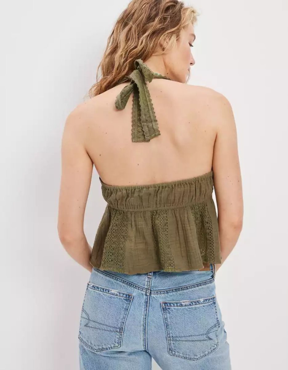 Chemises American Eagle AE Embroidered Babydoll Halter Top Vert Olive Femme | UKB-76253936